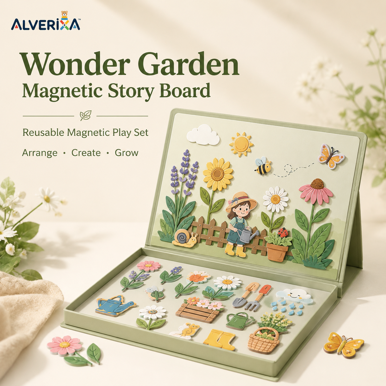 𝐀𝐥𝐯𝗲𝗿𝗶𝘅𝗮™ Wonder Garden Magnetic Story Board | Reusable Magnetic Play Set, Creative Activity Board & Travel Toy