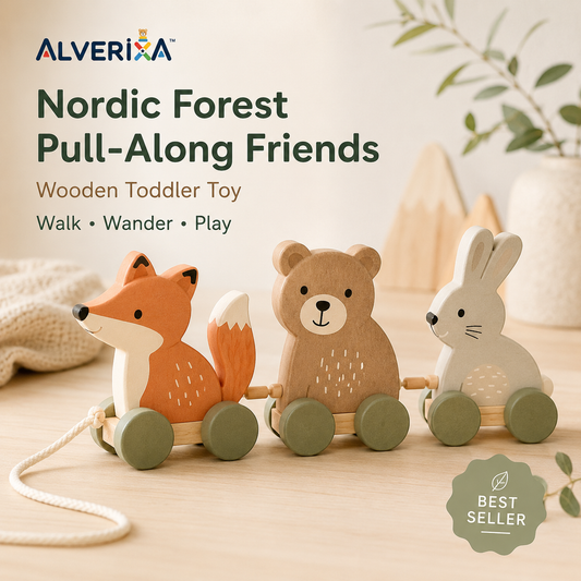 𝐀𝐥𝐯𝗲𝗿𝗶𝘅𝗮™ Nordic Forest Pull-Along Friends | Wooden Animal Pull Toy, Toddler Walking Toy & Scandinavian Nursery Gift