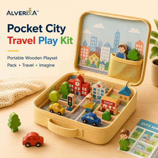 𝐀𝐥𝐯𝗲𝗿𝗶𝘅𝗮™ Pocket City Travel Play Kit | Portable Wooden Town Playset, Quiet Travel Toy & Screen-Free Kids Activity