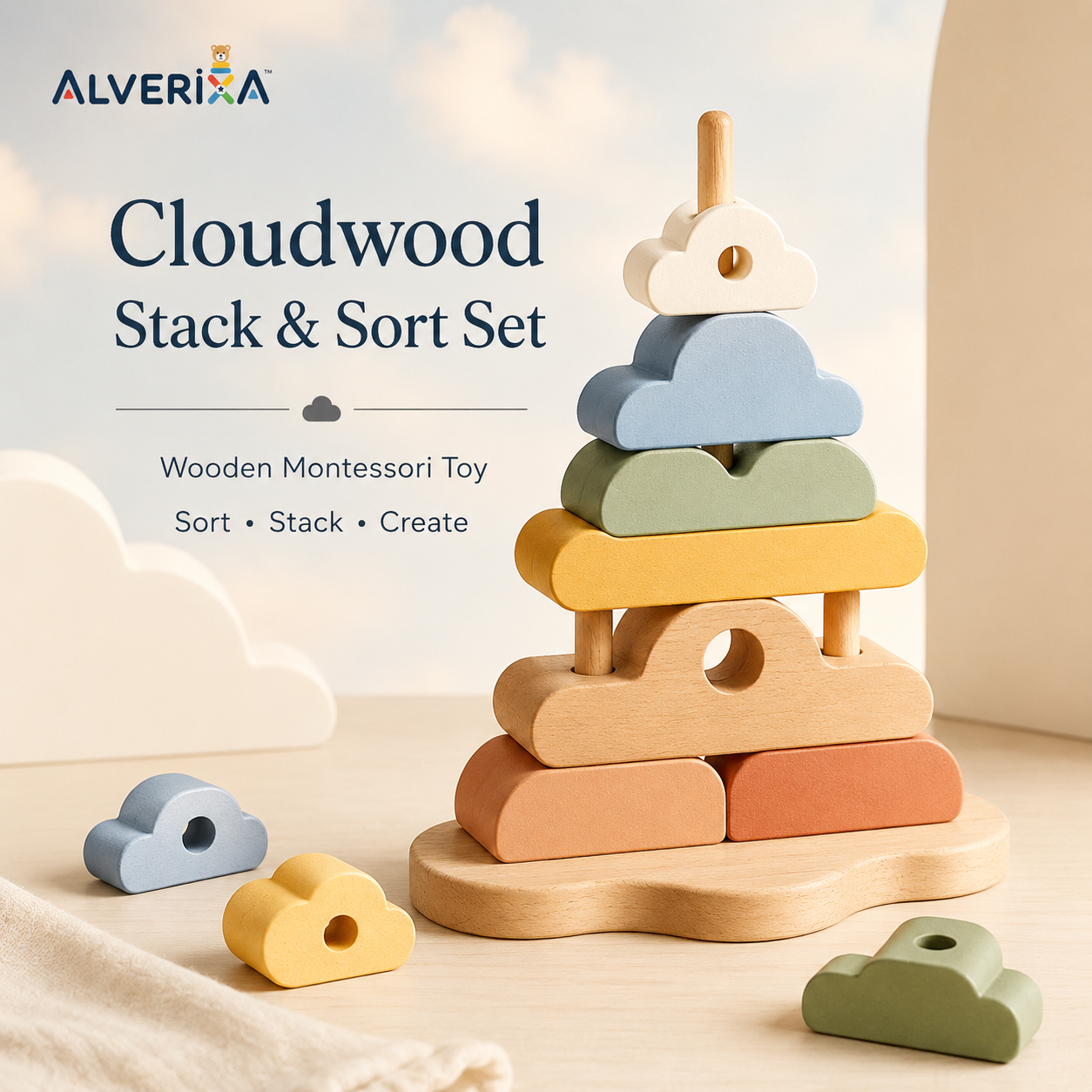 𝐀𝐥𝐯𝗲𝗿𝗶𝘅𝗮™ Cloudwood Stack & Sort Set | Wooden Montessori Sorting Toy, Color Matching Puzzle & Fine Motor Toy