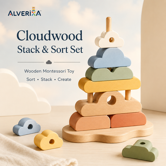 𝐀𝐥𝐯𝗲𝗿𝗶𝘅𝗮™ Cloudwood Stack & Sort Set | Wooden Montessori Sorting Toy, Color Matching Puzzle & Fine Motor Toy