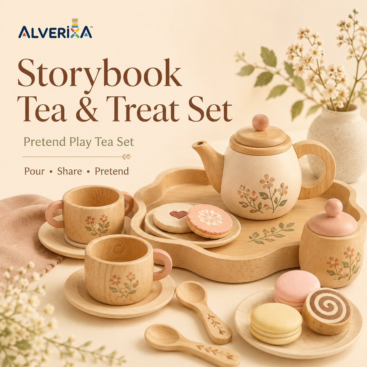 𝐀𝐥𝐯𝗲𝗿𝗶𝘅𝗮™ Storybook Tea & Treat Set | Wooden Pretend Play Tea Set, Kids Tea Party Toy & Play Kitchen Accessory