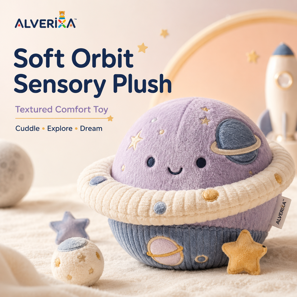 𝐀𝐥𝐯𝗲𝗿𝗶𝘅𝗮™ Soft Orbit Sensory Plush | Modern Stuffed Animal, Textured Comfort Toy & Space-Themed Kids Gift