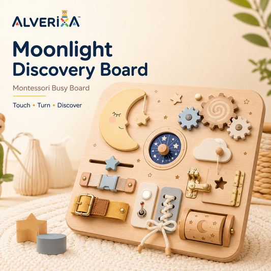 𝐀𝐥𝐯𝗲𝗿𝗶𝘅𝗮™ Moonlight Discovery Board | Wooden Montessori Busy Board, Sensory Activity & Toddler Travel Toy