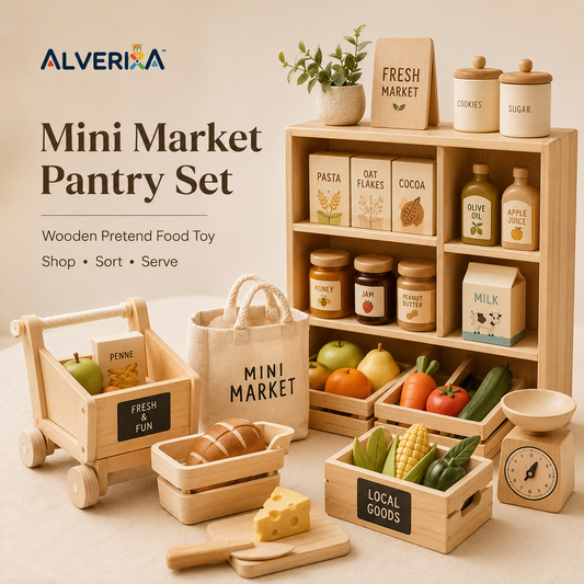 𝐀𝐥𝐯𝗲𝗿𝗶𝘅𝗮™ Mini Market Pantry Set | Wooden Pretend Food Toy, Kids Grocery Playset & Play Kitchen Gift